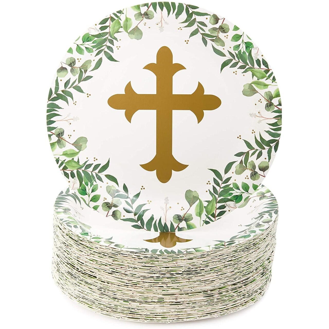 Sparkle and Bash 80-Pack Gold Cross with Leaf Paper Plates - 9 Inch Round Paper Plates - Ideal for Christening, Baptismal, and Church-Related Events